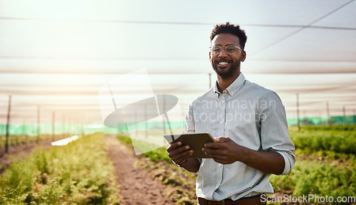 Image of Young African male farmer working on healthy agriculture development strategy on his digital tablet. Smiling field worker outdoors on organic farming and growth sustainability check up