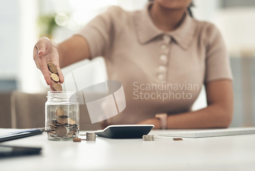 Image of Finance, planning and saving jar for investment or micro loan. Closeup of Accountant, businesswoman or bank advisor sitting at desk. Financial growth for future plans or career change.