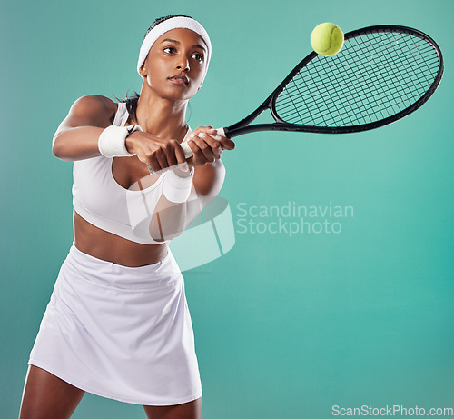 Image of Tennis, sportswear and woman playing tournament with copy space background. Sporty, active and professional athlete playing a game. Competition and serious tennis player keeps focus on the court.