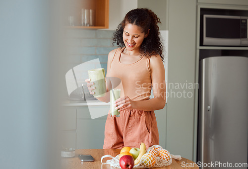Image of Healthy lifestyle, organic smoothie and clean eating dieting woman with fresh fruits, vegetables and consumables. Wellness detox, nutrition and body or weight watching vegan drinking juice or shake