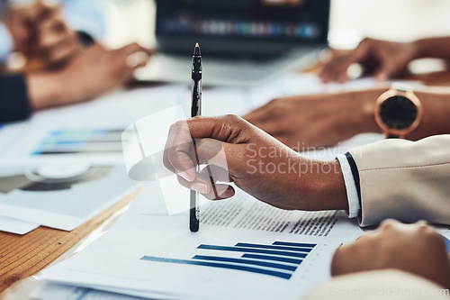 Image of Business people in a corporate finance meeting, planning with documents and going through company reports. Hands of professional accountants, employees and colleagues looking at accounting graph