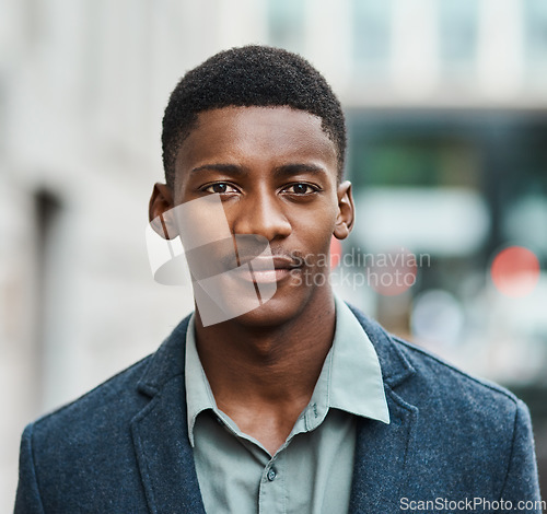 Image of Portrait of a serious business man standing with a vision for innovation in the city alone. Male entrepreneur or worker on a mission and ambition for success, cool guy over copy space.