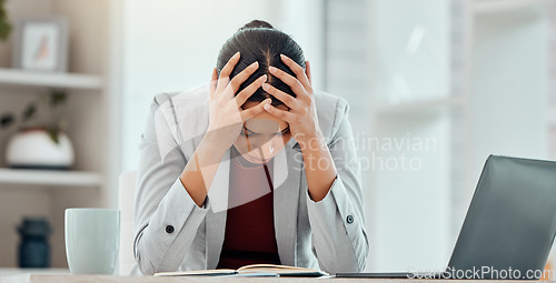 Image of Headache, stress and worried young businesswoman tired from getting bad news about company investment. Professional finance, business female or accountant upset over financial problem or crisis.