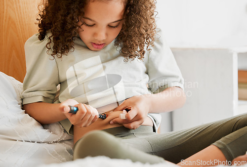 Image of Diabetes, insulin and diabetic girl injecting treatment in her bedroom as a health morning routine at home. Medicine, house and testing to monitor blood sugar levels, wellness and medical healthcare