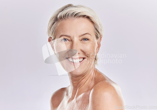 Image of Skincare of senior woman in a beauty face portrait for hygiene, body care and cosmetic treatment on studio background. Happy anti aging senior model with big smile for wrinkle free skin care routine