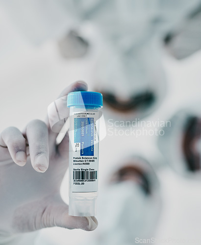Image of Covid, scientists and vaccine vial while a group medical practitioners, chemists and researchers stand together from below. Innovation cure, treatment and medicine for virus and clinical trial