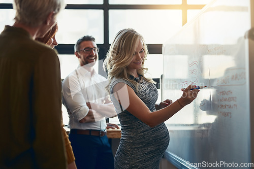 Image of Pregnant team leader presenting strategy, writing vision and motivating group of corporate executives on whiteboard. Manager and leader explaining innovation plan or company development to colleagues