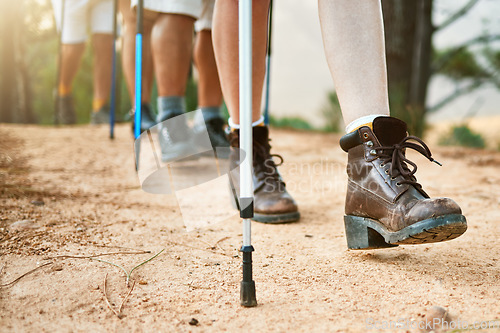 Image of . Group of hikers hiking with walking sticks on a trail outdoors in nature for fitness. Fit, active and sporty people on an adventure. Adult friends taking a stroll for exercise and health.