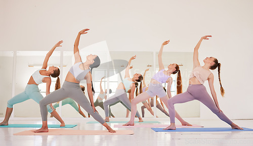 Image of Yoga class or club of females only exercising and stretching during their morning workout or exercise. Group of calm, fit and active women training together and living a healthy lifestyle