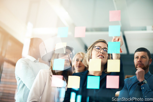 Image of Planning, innovation and vision business meeting in a modern office, working on a business marketing strategy. Group, team or staff discussing with sticky notes a schedule for future project together