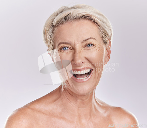 Image of Skincare, wellness and face of senior woman with big smile in beauty, cosmetics or makeup portrait isolated on a studio background. Happy old lady or model with flawless anti aging skin care