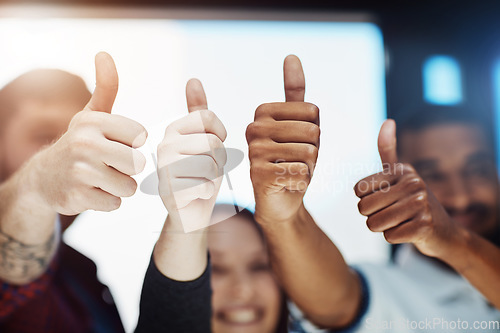 Image of Teamwork, support and trust with a thumbs up from happy colleagues collaborating. Excited partners uniting, showing trust and success with a winning gesture. Community working together towards a goal