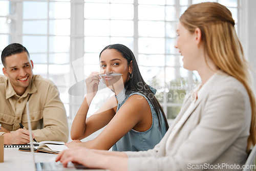 Image of Funny, silly and goofy business woman being playful, joking and having fun with laughing colleagues in an office. Crazy, cheerful and amusing female with humor entertaining happy coworkers at work