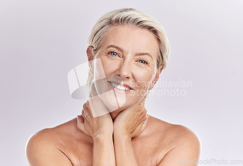 Image of Skincare, smile and mature happy woman in beauty, face and health in a studio background. Portrait of an elderly model lady in wellness, health and cosmetics with beautiful teeth, skin and eyes.
