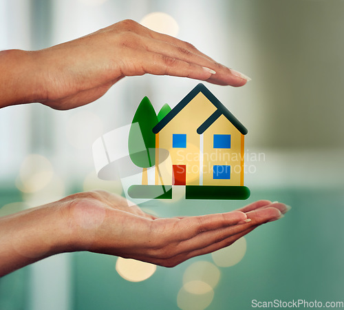 Image of . Hands holding house, symbol of home cover, insurance or property with bokeh background. Investment, protection and security advertisement with image, diagram and graphic of a house or apartment.