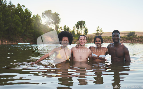 Image of Friends couples and lake swimming together in summer or spring in bikinis on a fun vacation. Happy, relaxed and diverse young people enjoy the freedom, river and dam outdoors on a nature vacation