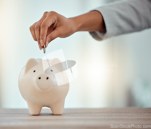 Image of Savings, investment or hand putting a coin into a piggy bank to save for future growth and financial freedom. Closeup of a female hand dropping or investing money into a retirement fund container