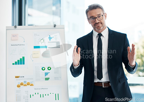 Image of Marketing, finance and strategy presentation by senior corporate, executive businessman or ceo of modern formal company. Professional employee or work manager in boardroom conference meeting