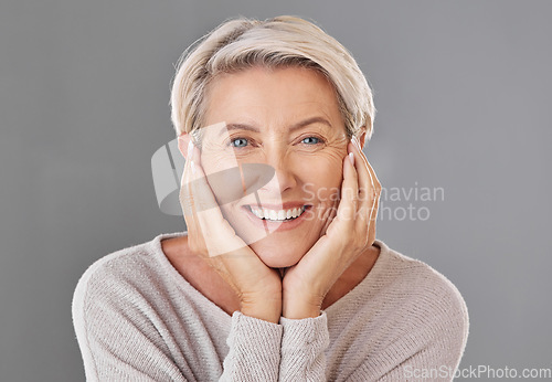 Image of Portrait of woman showing beauty skincare with smile, happiness with dental health and face of healthy elderly person in retirement. Headshot of woman model with cosmetics, skin wellness and hair