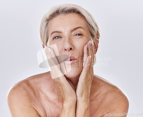 Image of Happy, fun or mature skin care beauty model on studio background and grooming face with manicure hands. Portrait of beautiful woman with wellness, healthy or natural skincare with makeup or cosmetics