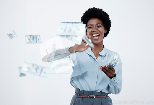 Image of Spending money, celebrating finance and investment growth or savings, wealth and budget development. Portrait of excited and motivated woman throwing bank cash, notes and currency after lottery win