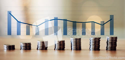 Image of . Stock market or economic growth, inflation line bar graph and financial governance or compliance with money coins on business table. Increase in cost and prices due to forex and currency exchange.