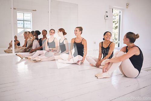 Image of Ballerina, class and ballet dancers practice, training and exercise in a hall as a young healthy and energetic group. Fitness, elegant and happy girls with energy, talented and skills in a art studio