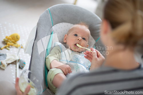 Image of Mother spoon feeding her baby boy infant child in baby chair with fruit puree. Baby solid food introduction concept.