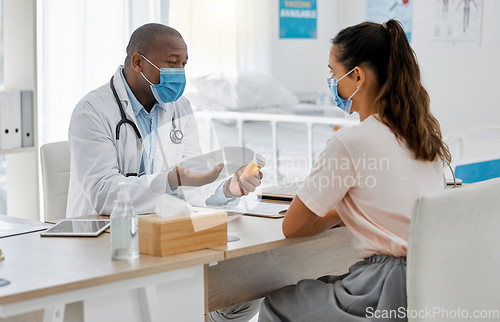 Image of Talking doctor, covid patient and pills or medicine in medical consultation, checkup and visit in clinic, hospital and healthcare center. Professional gp and worker explaining side effects to woman