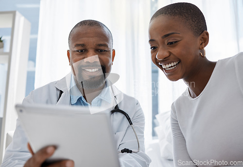Image of Doctor, good news and medical patient at hospital healthy black woman got her test results after consulting. Smile, happy and healthcare professional worker support, helping and working in his office