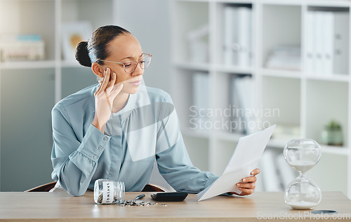 Image of Debt, broke and financial crisis for a businesswoman confused and stressed with no money. A struggling female worried about being poor or going bankrupt and is sad about her problems at work