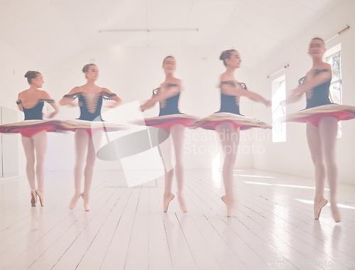 Image of Ballet dancers, fitness and women training, learning and dancing at an open studio hall space. Healthy, workout and talented ballerina girls with energy, jumping and balance to master a creative art