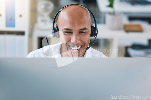 Image of Customer support, receptionist or call center agent consulting with wireless headset. Happy telemarketer working in ecommerce with technology. Smiling hotline operator doing crm communication
