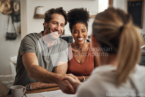 Image of Married couple doing handshake with lawyer, legal advisor and attorney for signing property agreement, investing or sharing assets. Husband and wife thanking after consulting with law paralegal