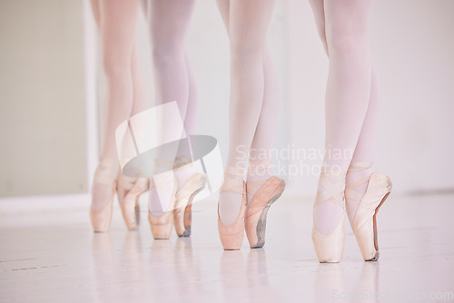 Image of Many ballet feet, legs or tiptoe of elegant dancers dancing and practicing in a dance studio. Closeup of ballerinas or performers or team preparing or learning for a group performance in a class