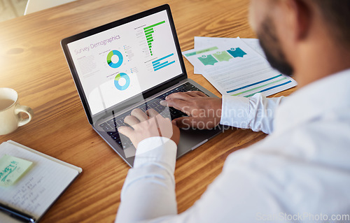 Image of Business man planning with finance graph on laptop at work, working on stats and data and doing marketing research in office. Professional worker typing on computer and reading information online