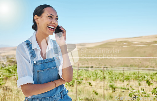 Image of Grape farm, vineyard and farmer on phone call with happy smile for good news or online success in countryside or agriculture industry. Sustainable female on cellphone making small business investment