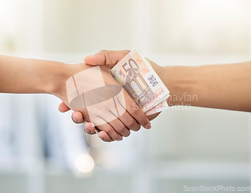 Image of Money exchange, deal or trade handshake of hands giving cash to a banker of a financial advisor. Hand with finance growth, investment profit or accounting savings fund of a b2b business partnership