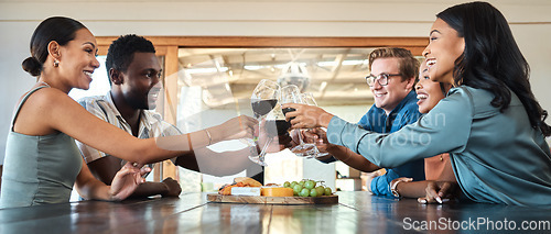 Image of Friends, wine tasting and toasting alcohol with drinking glasses in restaurant on farm, winery estate or countryside distillery. Diversity, bonding or happy men and women enjoying vineyard red merlot