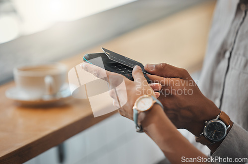 Image of Contactless payment, NFC technology and tapping a bank or credit card for payment at a coffee shop, cafe or small business. Customer purchase or buying using a digital or wireless method to pay
