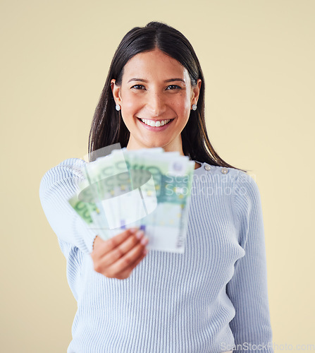 Image of Winning money and financial success of happy woman saving cash for a banking budget. Portrait of an investing female planning finance investment growth, retirement and bank security for the future