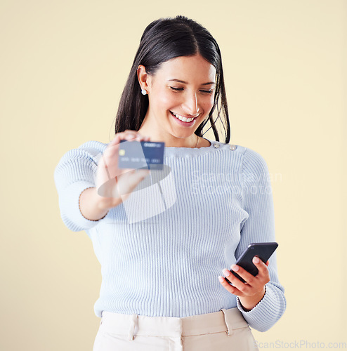 Image of Online banking, shopping and paying with credit card for investment payment on phone. Text from money or finance bank accountant to trendy, excited and happy woman for successful savings transfer