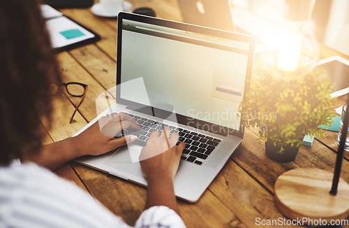 Image of Creative entrepreneur hands typing on laptop, browsing internet and searching startup business ideas online. Ambitious, motivated and determined remote blogger, student or freelancer with online blog