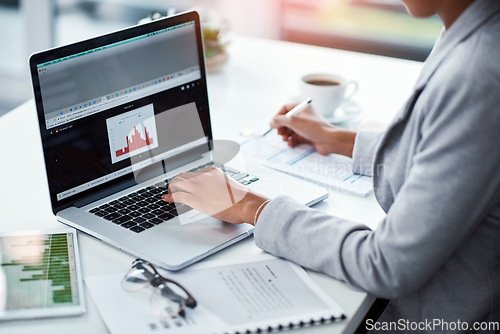 Image of Female project manager typing on laptop looking at charts, analyzing statistics. Financial data analyst or business woman looking at KPI bar graph, measuring company strategy success and performance.