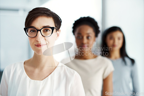 Image of Portrait of a young woman leading a movement, empowering women while standing in a line together. Voters with a vision or goal, ready to share their opinion. Females uniting in support together