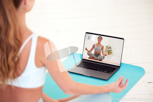 Image of Yoga, meditation and wellness woman watching coach, teacher or professional health and exercise education video or live stream. Girl training and learning how to relax via online classes on a laptop