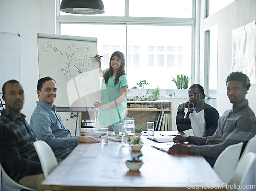 Image of Manager, female leader or colleague presenting, training or teaching diverse team of creative marketing agents in office boardroom. Portrait of motives, ambitious and meeting business people planning