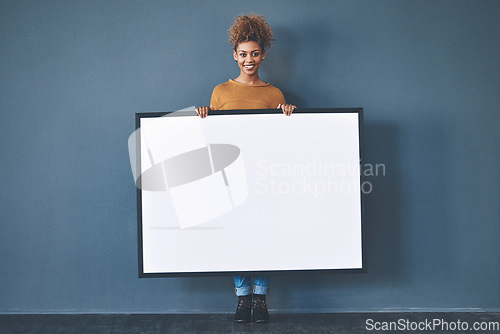 Image of A sign, board and poster with blank copyspace sharing creative opinions for communication messages on a whiteboard. Voicing ideas and advertisement announcements, woman holding an empty board.