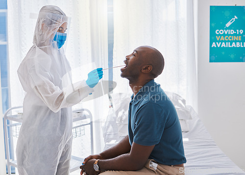 Image of Nurse collecting a covid, flu or disease sample with a cotton swab from a patient. Doctor, healthcare worker or specialist wearing hazmat suit insert collects a possible positive test during pandemic