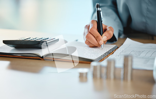 Image of Closeup of auditor, banker and business finance accountant hands analyzing, calculating and recording tax calculations. Woman working on calculator to manage budget saving payments and expenses.